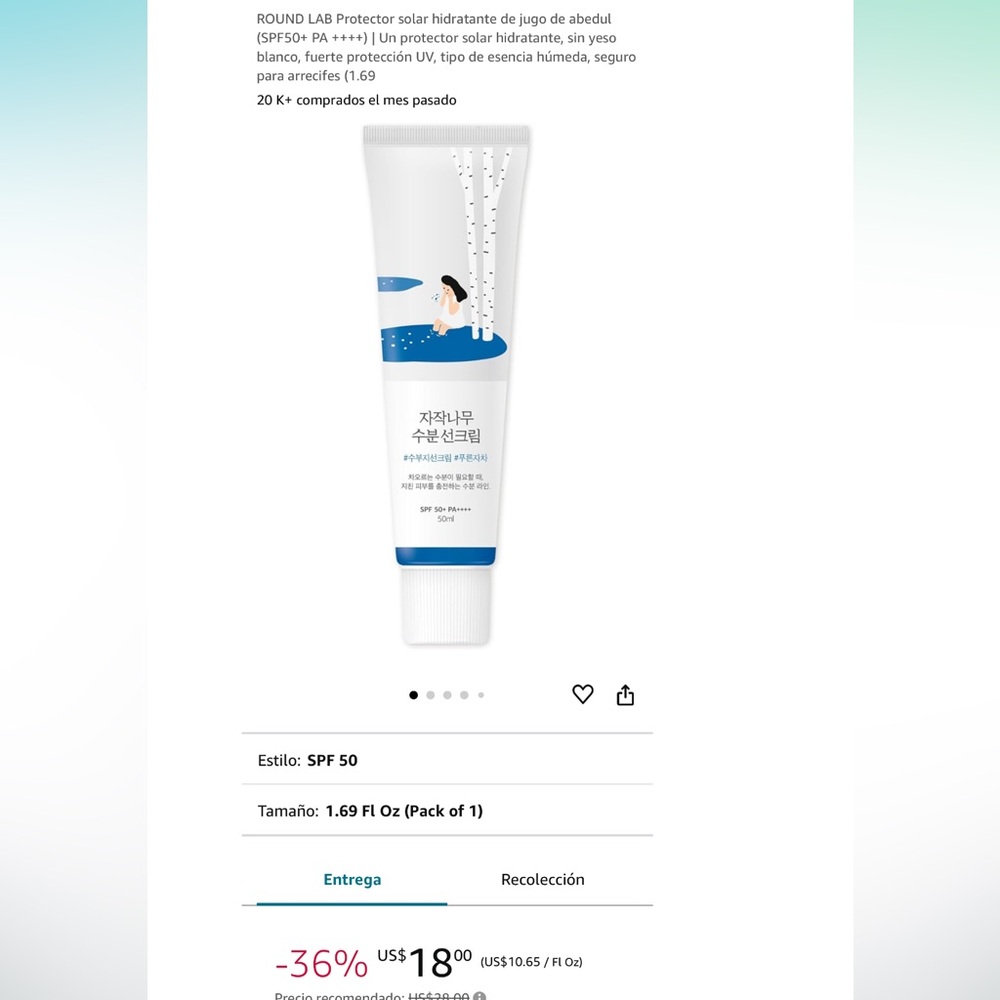 ROUND LAB Protector solar hidratante de jugo de abedul (SPF50+ PA ++++)